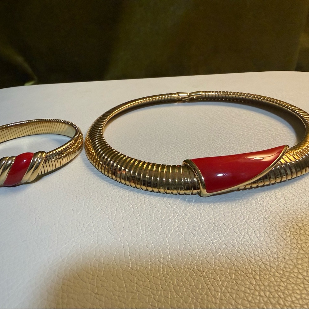Vintage Gold-Tone Necklace & Bracelet Set with Red Enamel Accents - Picture 2 of 6